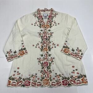 Susan Graver Floral Embroidered Top Jacket Womens Size S Linen Cottagecore